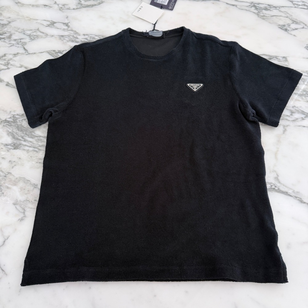 Prada Black Terry Cloth Triangle Logo T-Shirt UJN885 Mens‎ Size Small